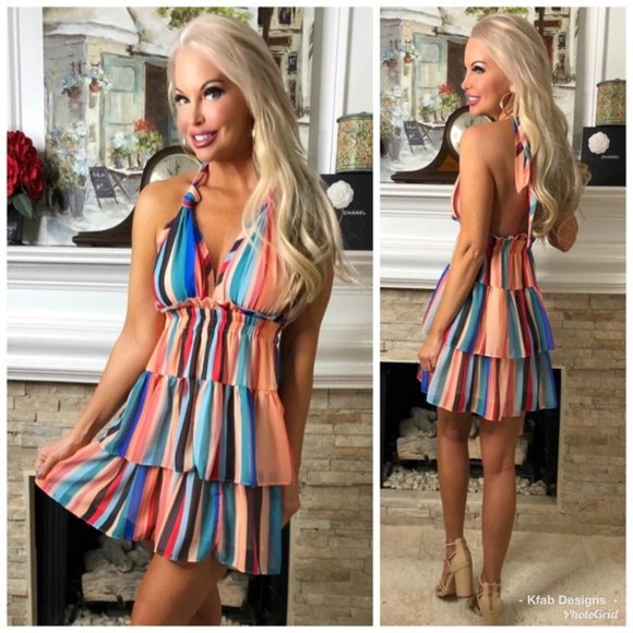 Multi Stripe Tiered Ruffle Halter Dress - Picture 5 of 7